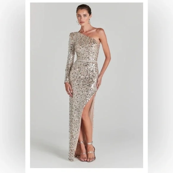 Nadine Merabi Adriana Silver Sequin One Shoulder Maxi Dress Crystal Belt Size XS - Picture 1 of 17
